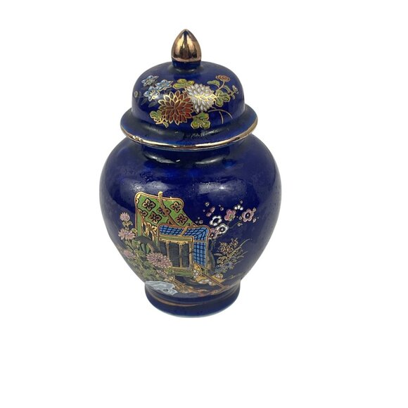 Kutani Japanese Blue Porcelain Ginger Jar With Lid By Satogordan Small - Picture 1 of 10